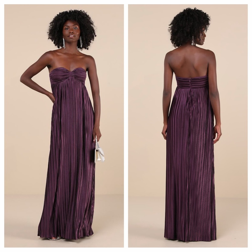 Lulu's Whimsical Beauty Dark Purple Satin Plisse Strapless
Maxi Dress